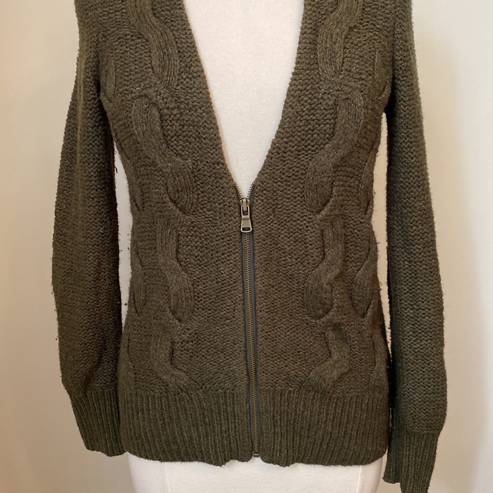 LOFT Olive Green Cable Knit Wool Blend Front Zip Cardigan Sweater Size Small - Picture 3 of 8